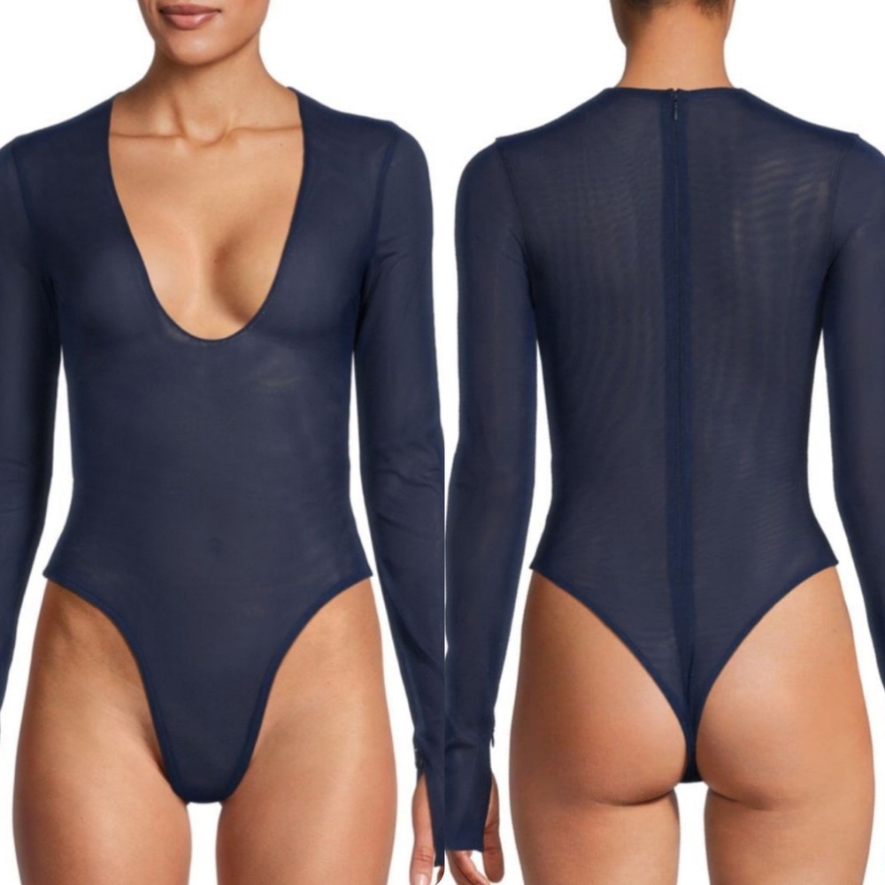 LaQuan Smith Sheer Long Sleeve Navy Plunge Neck Thong Bodysuit Size Small NEW